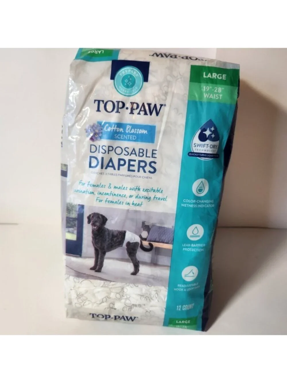 Top Paw Disposable Dog Diapers Large 12 Count Cotton Blossom Scented 19-28 Waist